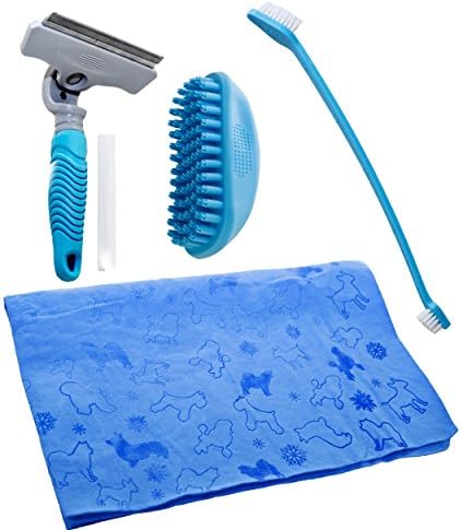 Pet Bath Care kit Shedding brush, Massage brush, Double headed Toothbrush and Quick Drying Towel, Set includes tools for any size of animal - small, medium, large dog cat ferret etc.