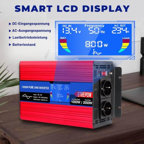 ETREPOW Inverter 1000 W 12 V to 230 V Pure Sine Wave Voltage Converter with 2 EU Sockets and a 2.1 A USB, Wireless Remote Control, LCD Screen and 2 Fans Peak Power 2000 W Car Converter