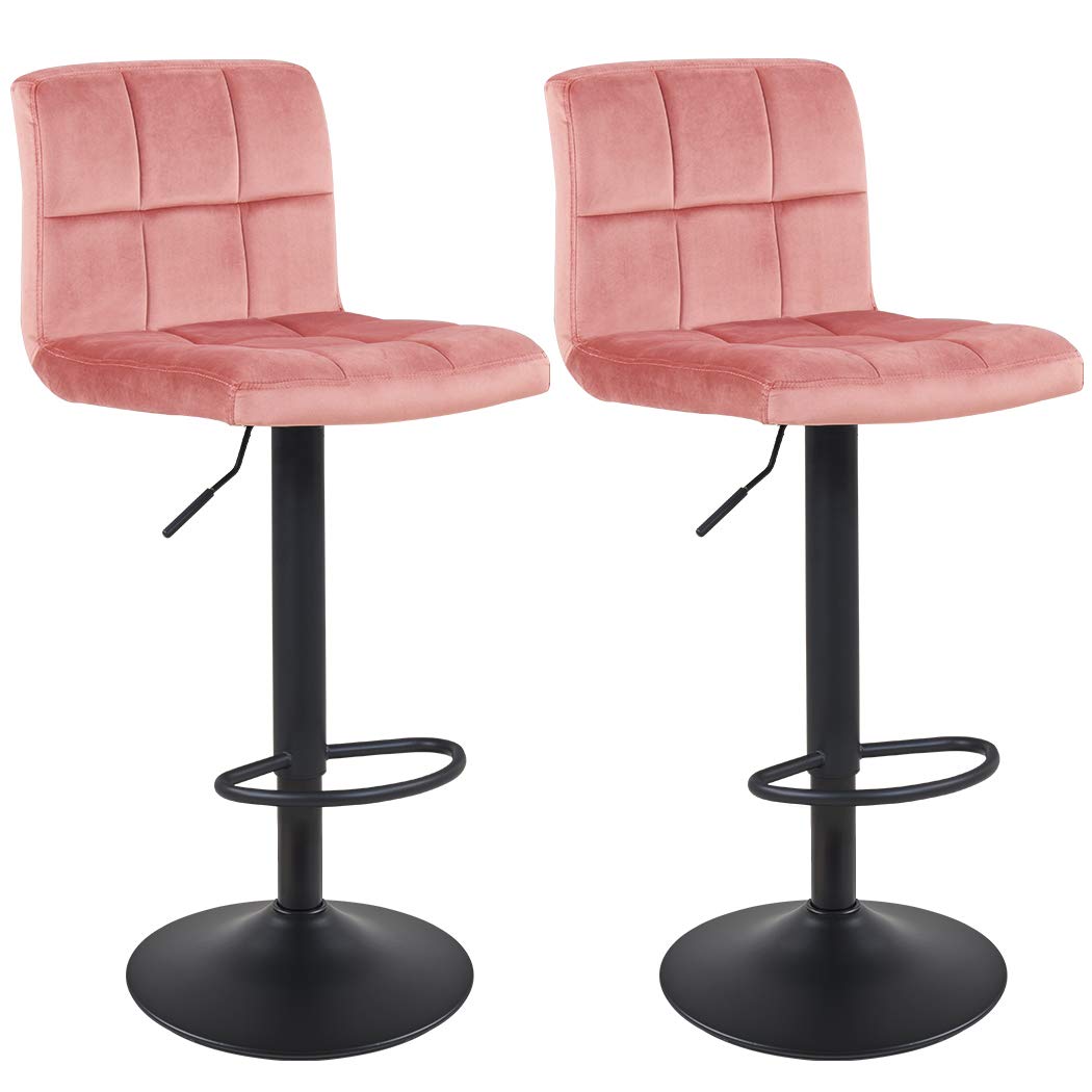 Duhome Bar Stools Set of 2,Modern Square Velvet Adjustable BarStools Counter Height Stools Bar Chairs 360° Swivel Stool Pink