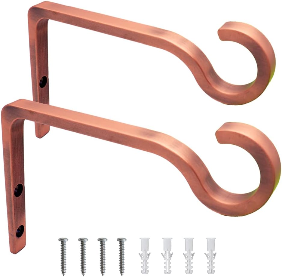 Outdoor Hanging Brackets - QIEGL Premium Hanging Bracket 6inch Decorative Hooks Brushed Bronze Al Alloy Metal Planter Hook Wall Plant Hanger for Lanterns, Bird Feeders, Wind Chimes, Home Decor Indoor & Outdoor 2 Pack