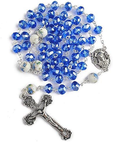 Hedi 6*8mm Blue Crystal Beads with 8mm Ceramic with Hands Paint Flower Beads Catholic Rosary Necklace