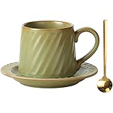 Vintage Ceramic Tea Cup and Saucer Set with Spoon, 10 oz Retro Porcelain Coffee Mug (Washed Apple Green)