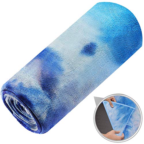 Ewedoos Yoga Towel with Anchor Fit Corners, 100% Microfiber Non Slip Yoga Towel, Super Soft, Sweat Absorbent, Ideal for Hot Yoga, Pilates and Workout. (Blue Dye, 72″ X 26″)