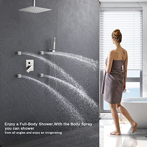 Enga 12" Ceiling Rain Shower System with 4pcs Body Jets and Hand Wand