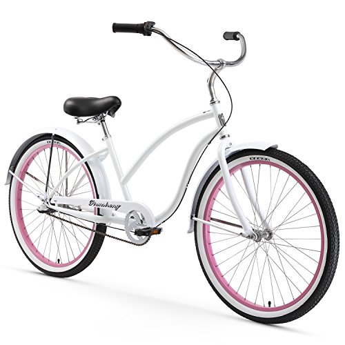 Firmstrong Chief Lady Three Speed Beach Cruiser Bicycle, 26-Inch, White/Pink Rims