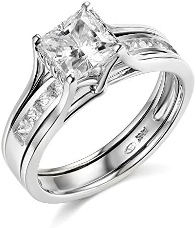 14k White Gold SOLID Princess Square Engagement Ring &amp; Wedding Band Set - Size 5