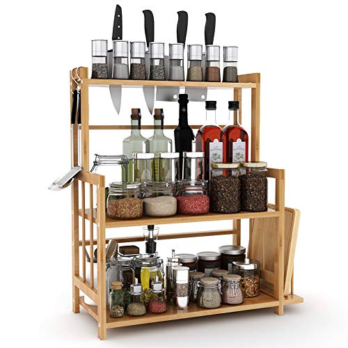 Tribesigns 3-Tier Standing Spice Rack Kitchen Bathroom Countertop Storage Organizer with Knife Holder & Chopping Board Rack, Bamboo Spice Bottle Jars Rack Holder with Adjustable Shelf
