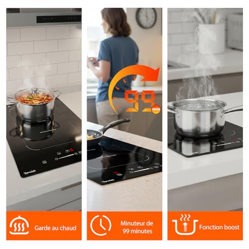 Topwish Induction hob with 2 burners, induction hob, flexible zones, built-in hob, 30 cm, with booster, 9 levels, timer, child safety, automatic switch-off, warm keep, 3500 W | Table de cuisson encastrable 30cm, avec Booster, 9 Niveaux, Minuterie, Sécurité Enfant, Arrêt automatique, Maintien au chaud