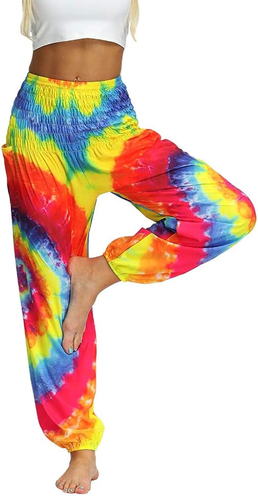 Nuofengkudu Women's Hippie Baggy Harem Trousers Smocked High Waist Soft Boho Print Colourful Yoga Pants with Pockets Lightweight Flowy Travel Holiday Summer Beach Party (Rainbow A - Image 3