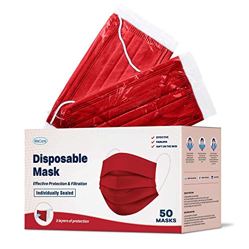 WECARE Disposable Face Mask Individually Wrapped 50 Pack, Red Masks 3