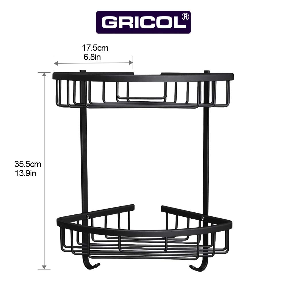 Gricol Bathroom Shower Corner Shelf No Drilling Shower Caddy Black Adhesive Suction 2 Tiers
