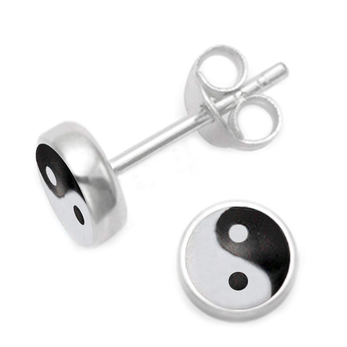 Sterling Silver Yin Yang Earrings - Round Yin Yang Stud Earrings - SIZE: 7mm (1/4 inch). Gift boxed. 5559YY