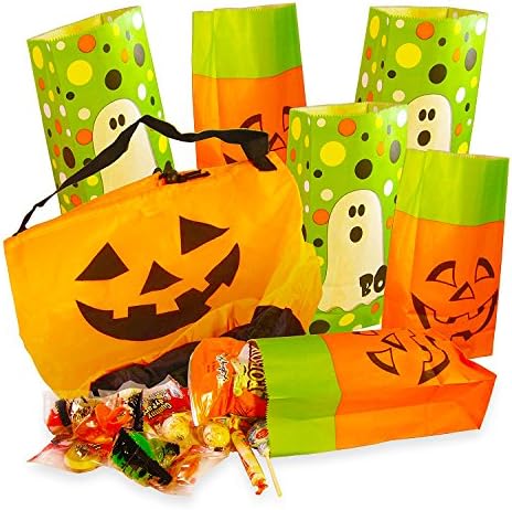 Bagged Trick or Treat Halloween Candy Survival Pack with Large 11"x10" Pumpkin Themed Drawstring Bag (6 bright Halloween themed 9" tall bags inside that are packed full of ghoulish candy delights)