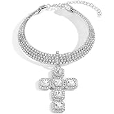 Cykdohy Cross Rhinestones Choker Necklaces for Women Sparkly 4 Row Diamond Tennis Necklace Statement Fashion Crystal Crucifix Pendant Chain Luxury Bridal Wedding Party Prom Jewelry