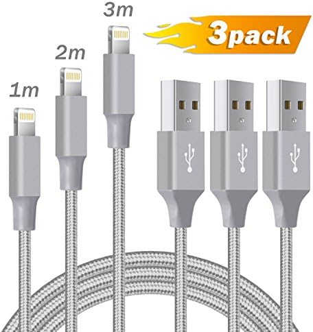 Ulinek Lightning Cable iPhone Charger 3Pack 1M+2M+3M Nylon Braided USB iPhone Cable High Lifespan Charging Charger for iPhone XR XS XS Max X 8 Plus 7 Plus 6S Plus 6 Plus 5 5S 5C iPod iPad Pro - Grey