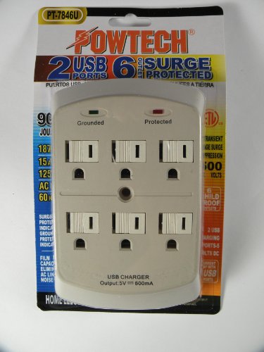 6 Outlet Surge Protector Wall Tap w/ 2 USB Ports - 900 Joules