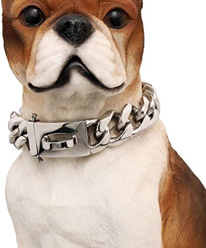 Heavy Duty 19mm Wide Choke Dog Chains with Safety Lock for Large Medium Pitbull Bulldog Dogs, 18K Gold/Silver/Black Dog Collars, Strong Stainless Steel Metal Curb Cuban Links Slip Training Collars