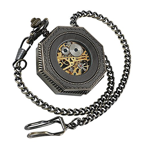 Carrie Hughes Steampunk Bronze Octagon Gold Skeleton Mechanical Pocket Watch with Chain Xmas Gift CHPW02