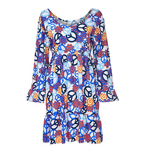 Women's Ladies Plus Size Loose Print Long Sleeve O-Neck Mini Long Dress