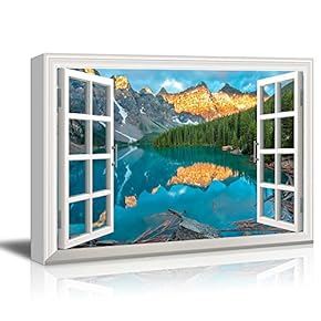 Window View Nature Landscape with Lake and Forest in Mountains