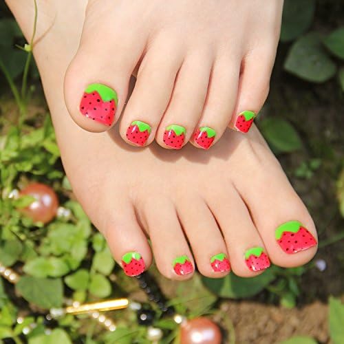 24pcs Summer Strawberry False Toe Nail Foot Patch Toenails for Women or Children