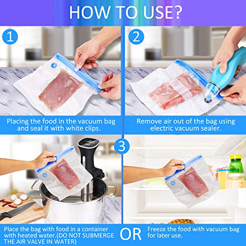 Sous Vide Bags Kit Handheld Vacuum Sealer BPA Free 15 Reusable Vacuum Sealer Bags 1 Vacuum Wine Stopper 2 Sealing Clips 4 Sous Vide Clips for Food Preservation Kitchen Homemaker (Blue)