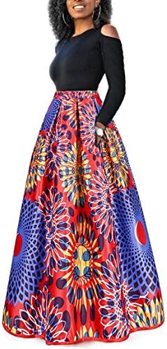 Playworld Women's Cold Shoulder Two Piece Floral Print Pockets Long Party Skirts Dress