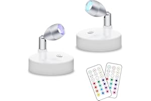 KINDEEP RGB Wireless LED Spotlight, Battery Operated Accent Lights, Indoor Mini Puck Light, Dimmable Uplight with Remote, 4000K Warm White, Stick on Wall Light with Rotatable Head, White, 2 Pack