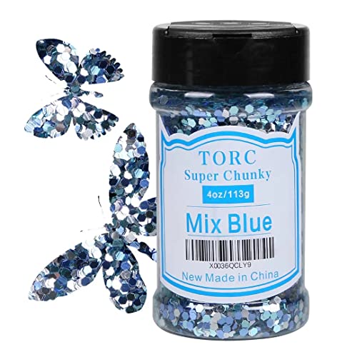 TORC Blue Silver Chunky Glitter 4 OZ Glitter for Crafts Resin Arts Cosmetic Festival Makeup Nail Art 1/10 (2.5 mm)