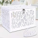 OurWarm White Wedding Card Box with Lock and Card Sign PVC Hollow Gift Card Box for Wedding Reception Birthday Baby Shower Graduation Party Decorations