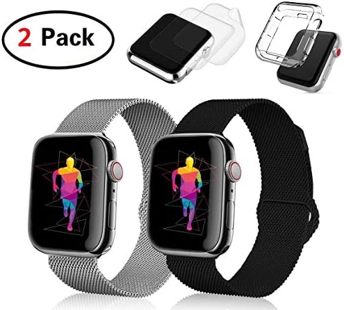 (2 Pack) EP Compatible with Apple Watch Band 42mm 44mm w/Case, Stainless Steel Mesh Metal Loop Replacement for Series 4 3 2 1, Pls 2X Screen Protectors