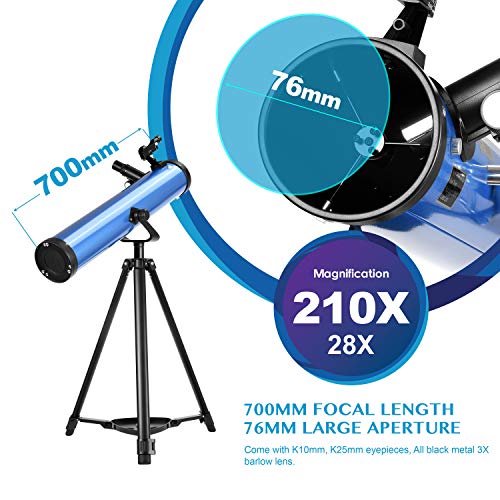 Aomekie Spiegelteleskop 76/700 Reflektor Teleskop Astronomie mit Bluetooth Handy Adapter Stativ Mondfilter und 3X Barlow – Bild 3