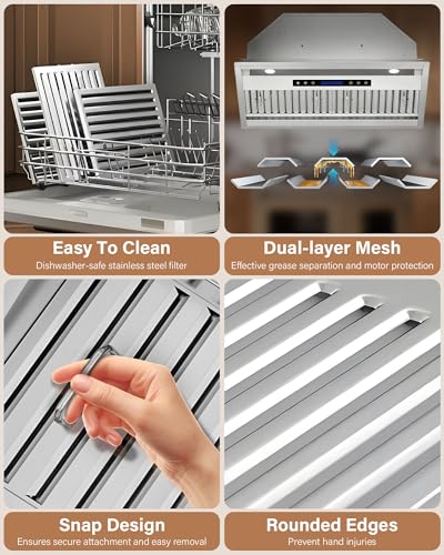 FLYPINE 30 inch Built in/Insert Range Hood 900 CFM, Stainless Steel | Touch Control, 4-Speed Fan, Ducted/Ductless Convertible, LED Lights, Quiet Operation, Dishwasher Safe Filters
