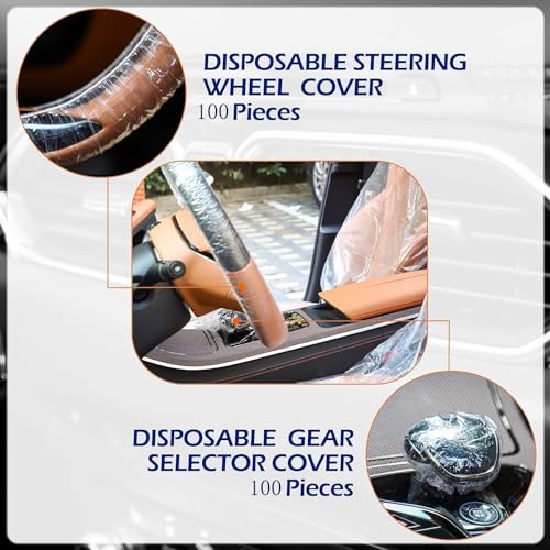 Joyzzz Disposable Car Seat Covers, 300 Pcs Clear Car Seat Protector, Plastic Seat Covers, Includes Wheel Covers, Gear Selector Covers and Handbrake Cover for Truck Auto Bus Accessories
