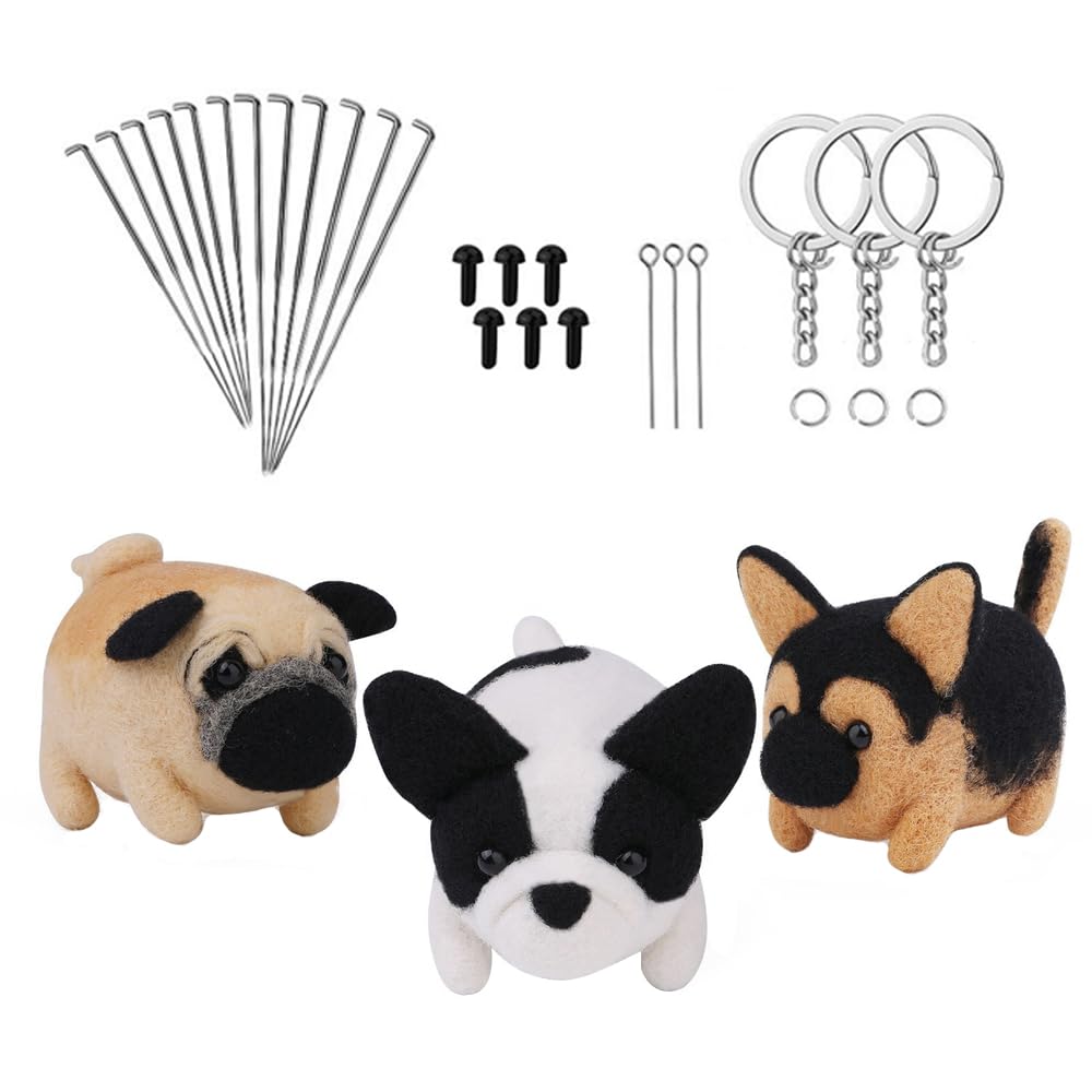 Laroal 3 Pcs Dog Needle Felting Kit Wool Felting Supplies with Foam Pad Needles Instructions Keychain for Beginners DIY Handcraft