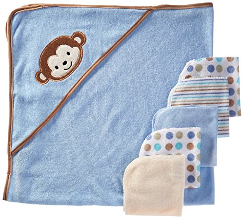 Baby Crib Mates Hooded Towel with 5 Wash Cloths, Blue Monkey, 0 - 18 Months