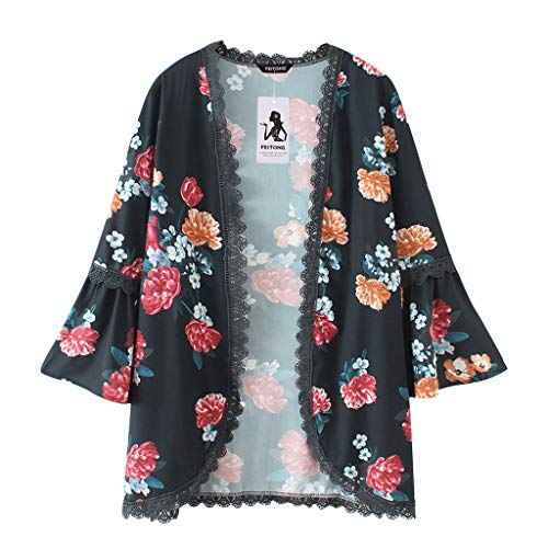 iYBUIA Womens Casual Solid Lace Three Quarter Flare Sleeve Chiffon Cardigan Loose Kimono Blouse Tops - Thumbnail 2