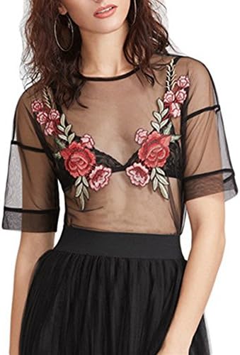 LiyongSIIIT Women Summer Black Embroidered Rose Mesh Top Sexy Women's Blouses Short Sleeve Sexy Blouse