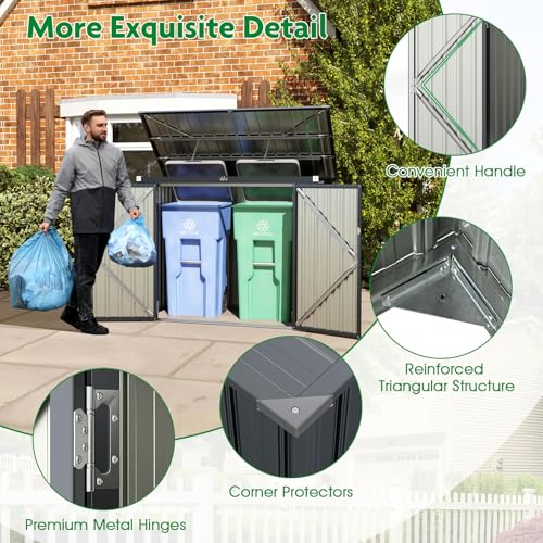 Goplus Outdoor Trash Can Storage Shed, Large Lockable Garden Shed w/Double Openings, 2 Doors, Galvanized Steel Frame, Storage Organizer for Backyard Garden Patio Lawn, 172 x 95,5 x 130 cm (L x W x H)