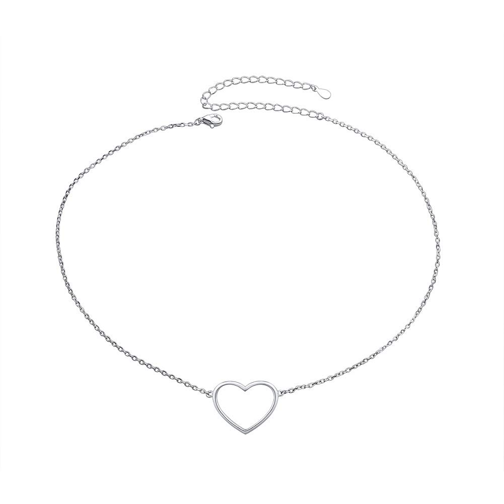 Flyow Sterling Silver Chain S925 Choker Short Necklace for Women Girls Daughter, Love Heart Pendant with Adjustment Cable Chain 13 Inches + 3 Inches (heart) — image 1