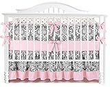 Sahaler Baby Crib Bedding Set for Girls Boys | 7 Pieces Set of Floral Nursery Bedding | Baby Blanket & Fitted Crib Sheets & Skirt & Bumper - White Floral on Grey/Ruffle Pink