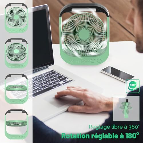 ATEngeus USB Fan, 10000 mAh Rechargeable Battery, 4 Speed, Camping Fan, 8 Inch, 180° Swivel, LED Light, Timer, Fan for Camping, Travelling
