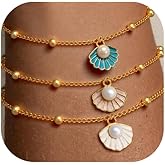 3 Piece Gold Bracelet for Women – 14K Dainty Beaded Necklace, Seashell Adjustable Charm Bracelet, Ocean-themed Summer Bracelets, Boho Ocean Pendant Bracelets for Beach Jewelry Gift