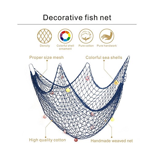 Decorative Fish Net Blue Yagote Mediterranean Style Nautical Decorative Fishing Net with Shells for Home Party Room Decoration 1.5 X 2meter Blue