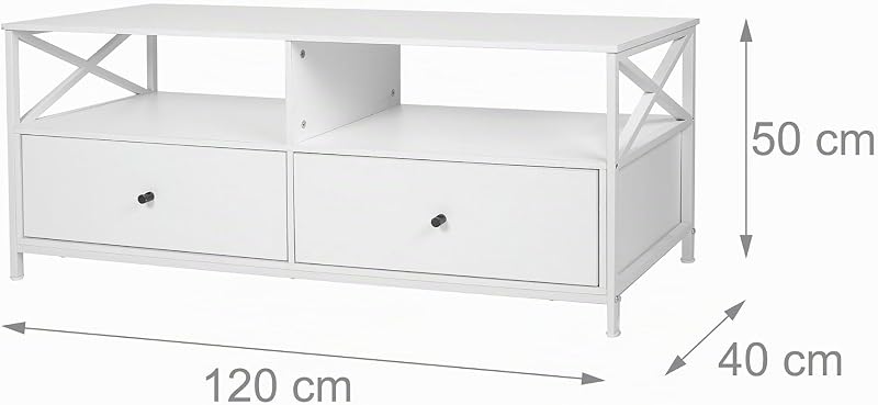 Mueble TV, 2 Huecos y 2 cajones, para TV hasta 55", 50 x 120 x 40 cm, Blanco