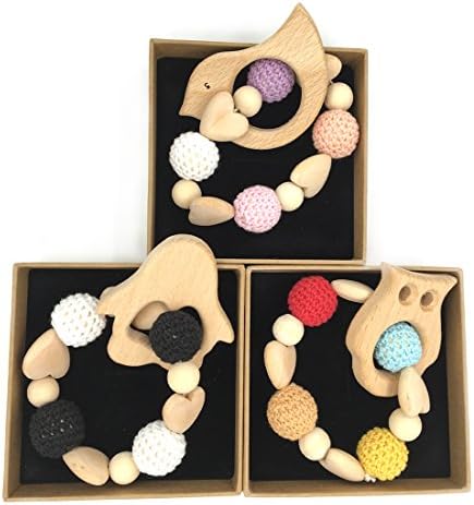 Amyster 3Pcs Heart Wooden Crochet Holder Baby Bird Elephant Penguin Owl Tortoise Teething Shower Dummy Chain Teether Baby Bracelet Rattle