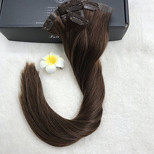 Full Shine 8 Pieces 22" 7A Grade 120g Seamless Remy Full Head Clip in Extensions Human Hair Clip on Extensions Dark Brown Color #4 Skin Weft Hair Extensions With Clips Sewn on