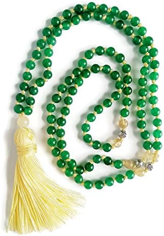 6mm Green Jade, Titanium Crystal &amp; Silver Lotus Beads, Yellow Knotted 108 Bead Mala Necklace Tassel (6mm)