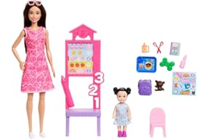 ​Barbie Careers Teacher Playset with Fashion Doll Wearing Removable Dress, Toddler Small Doll, Classroom Board & Accessories​