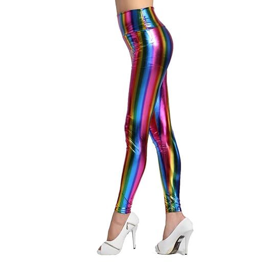 Damen Mädchen Metallic Shiny Glanz Hohe Taille Leggings Regenbogen Streifen Bunt Skinny Leggings Wet Look One Size